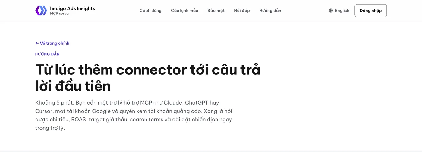Đầu trang hướng dẫn Ads Insights: từ lúc thêm connector tới câu trả lời đầu tiên