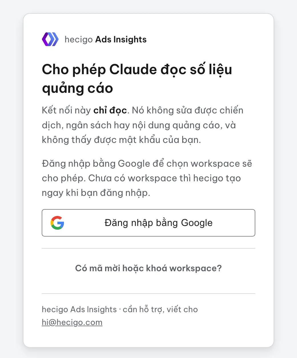 Trang cho phép trợ lý đọc số liệu quảng cáo, đăng nhập bằng Google