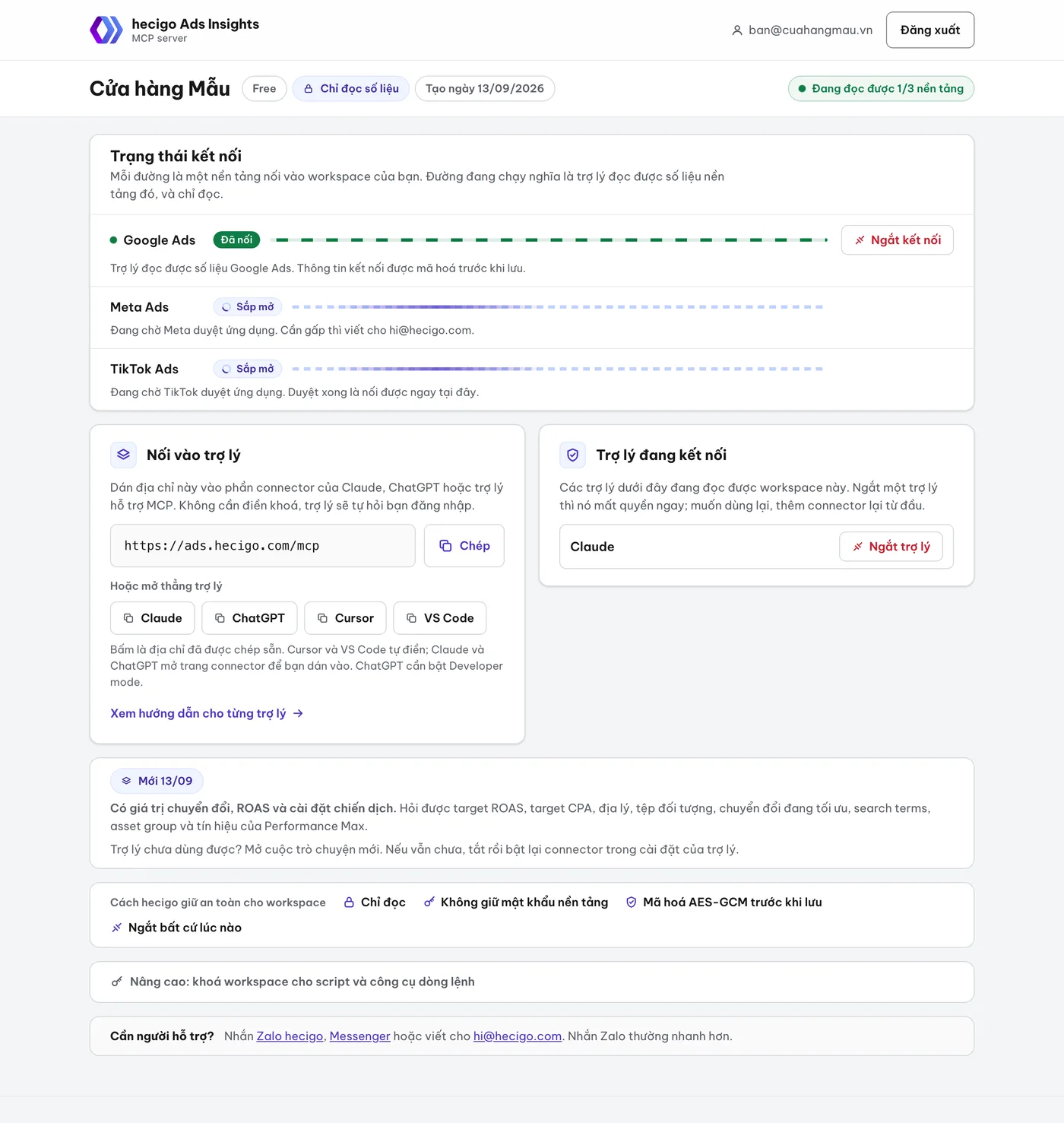 Portal của một workspace mẫu: Google Ads đã nối, Claude đang kết nối, nút ngắt từng nền tảng và từng trợ lý