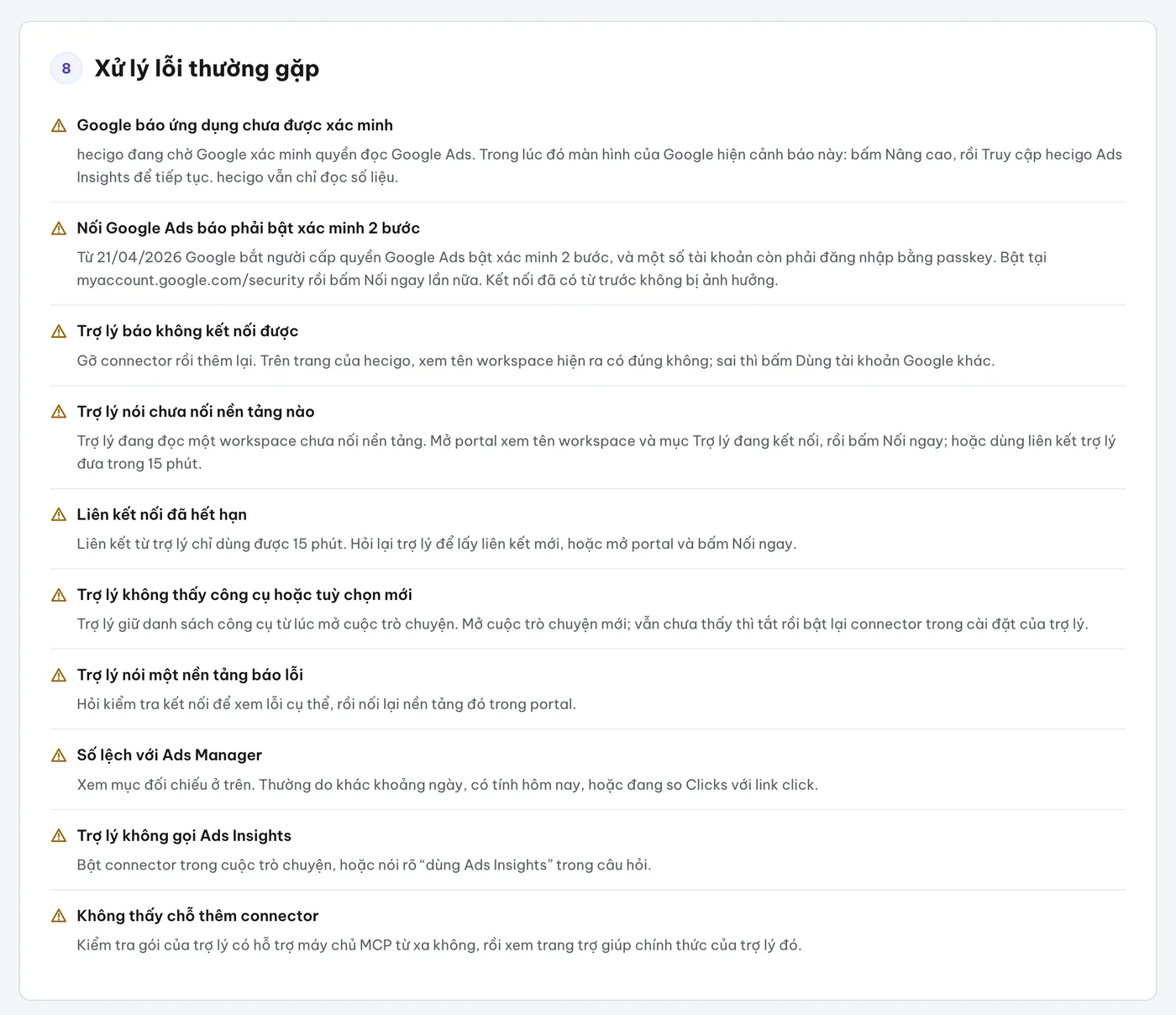 Mục xử lý lỗi thường gặp: Google báo chưa xác minh, xác minh 2 bước, trợ lý chưa thấy công cụ mới, liên kết hết hạn